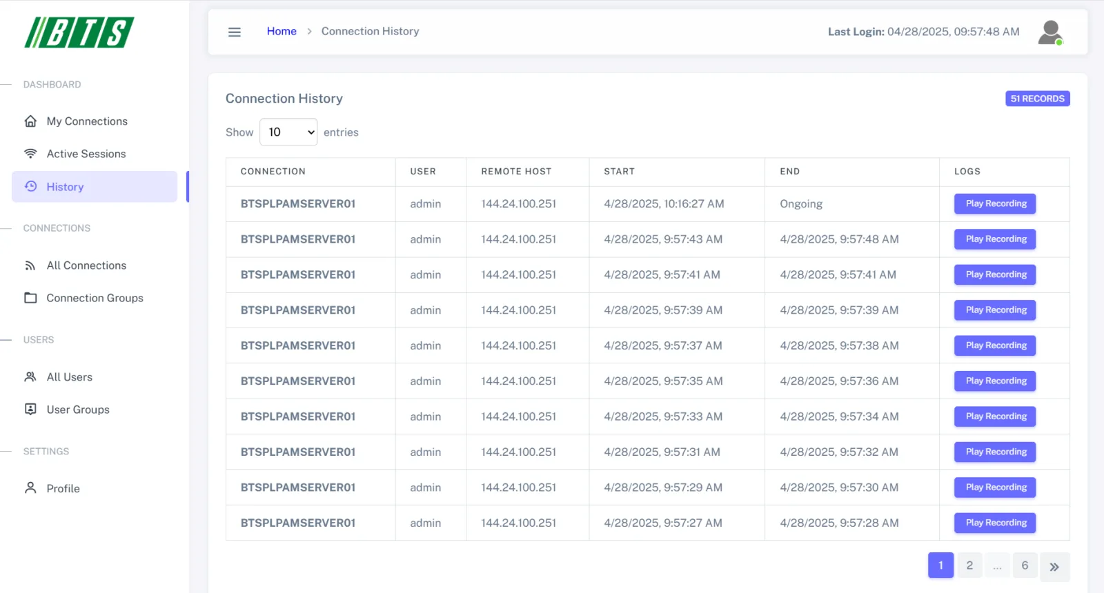 Bitchief-branded Guacamole connection history: each session with its user, remote host, start and end time, and a Play Recording button